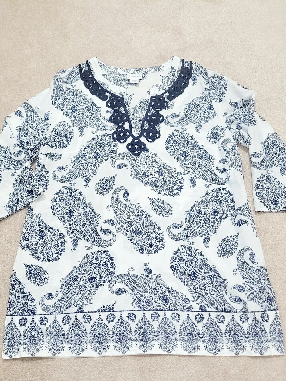 Liz Claiborne Womens Large Blue White Paisley Tunic Top 100% Cotton Boho Classic - Picture 12 of 12
